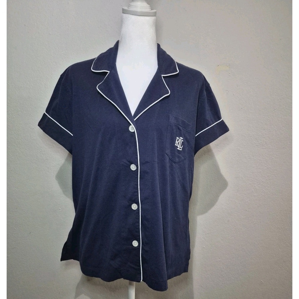 Lauren Ralph Lauren‎ Womens Pajama Top Size Large Blue White Embroidered Logo
